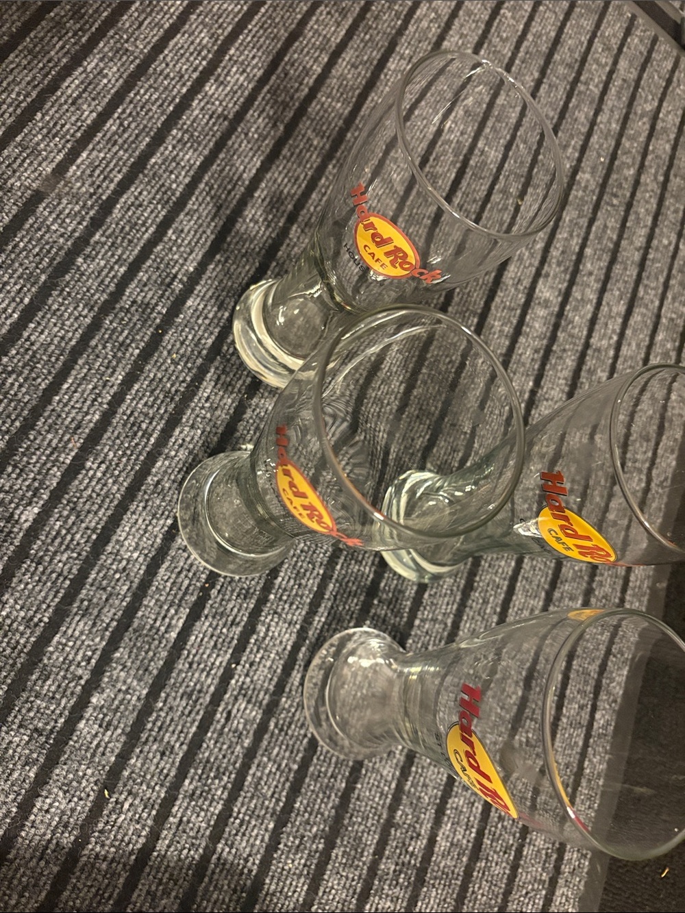 Hard Rock Cafe Clear Glass Goblets with Red and Yellow Logo - Set of 4